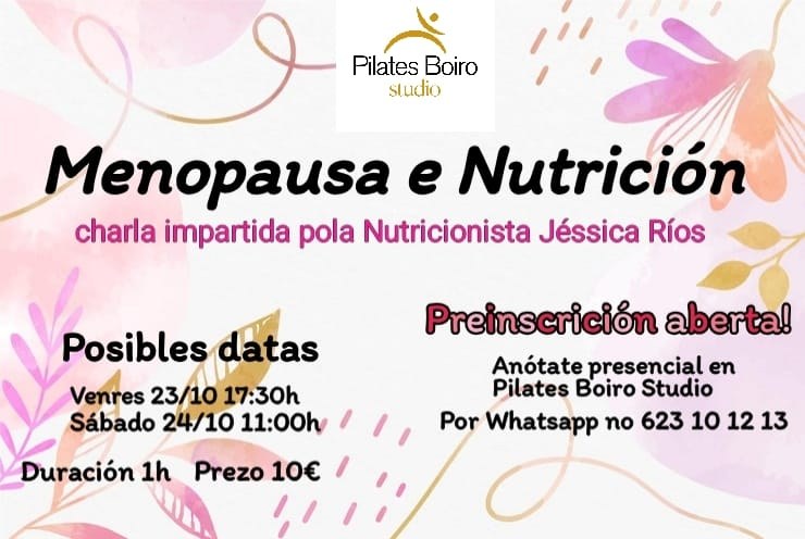 Cartel del taller Menopausia y nutrición en Pilates Boiro